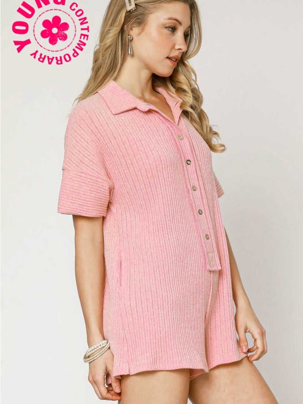 Umgee Rib Knit Collar Romper - Picture 2 of 4